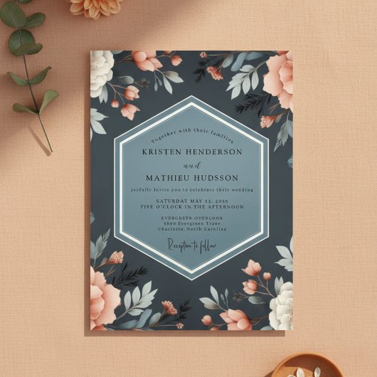 Deep Blue Floral Whimsy Wedding Kaart