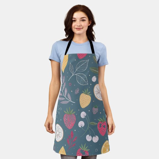 Deep Blue Fruit Pattern Schort (Gedragen)