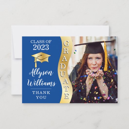Deep Blue | Gold Afstuderen Wave Afstudeerder Pet  Bedankkaart (Voorkant)
