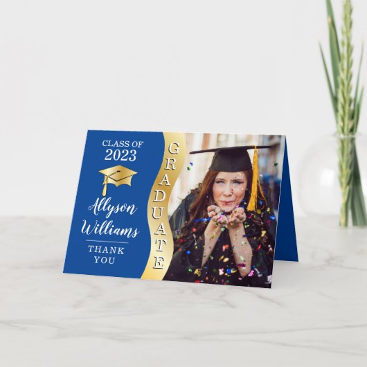 Deep Blue | Gold Afstuderen Wave Afstudeerder Pet  Bedankkaart (Voorkant)