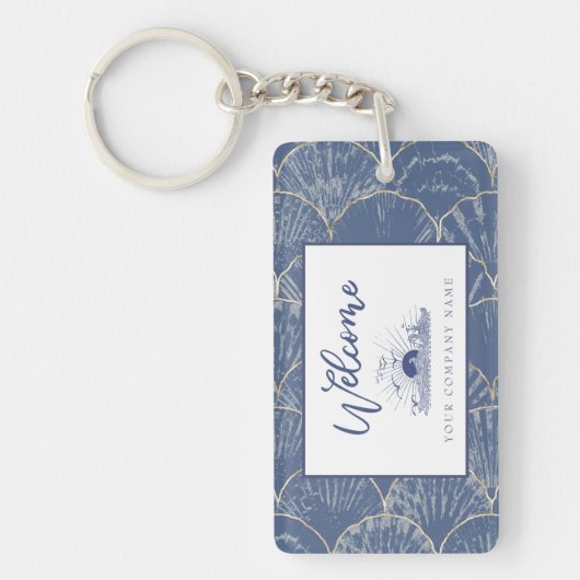 Deep Blue & Gold Waterverf Seashell Custom Sleutelhanger (Voorkant)