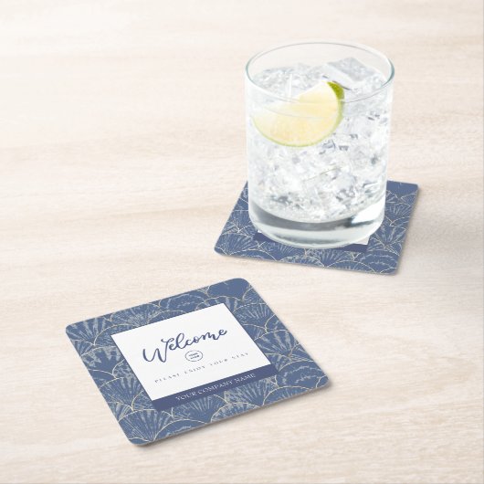 Deep Blue & Gold Waterverf Seashell Kartonnen Onderzetters (Insitu)