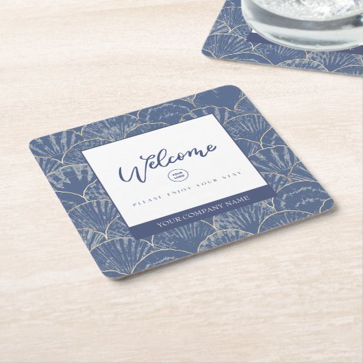 Deep Blue & Gold Waterverf Seashell Kartonnen Onderzetters (Schuin)