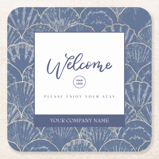 Deep Blue & Gold Waterverf Seashell Kartonnen Onderzetters (Voorkant)