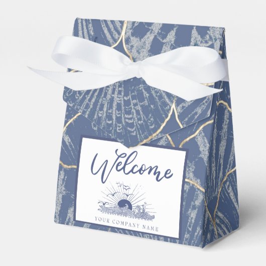 Deep Blue & Gold Waterverf Seashell Ribboned Bedankdoosjes (Voorkant Zijde)