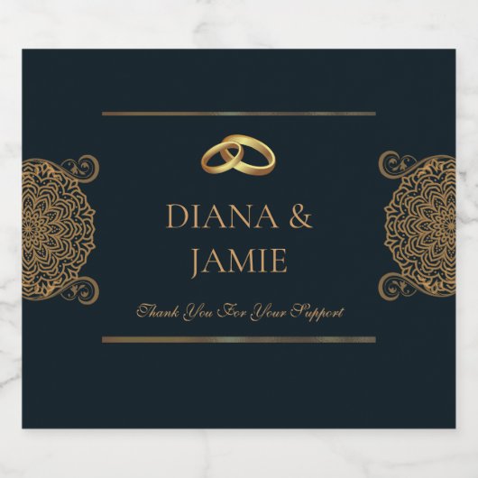 Deep Blue & Gold Wedding | Elegant Custom Name Sparkling Wijnetiket (Enkel label)