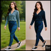 Deep Blue Green Diagonal Textured Plaid Leggings