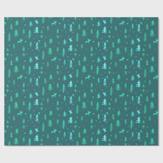 Deep Blue Green Illustraties Kerstpatroon Cadeaupapier (Vlak)