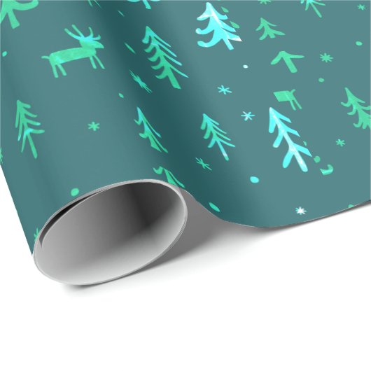 Deep Blue Green Illustraties Kerstpatroon Cadeaupapier (Rol Hoek)