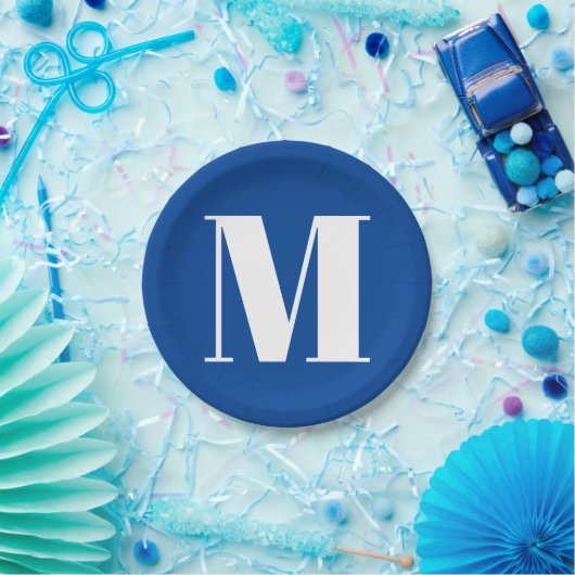 Deep Blue Initiaal Letter Monogram modern Stijlvol Papieren Bordje (Feest)