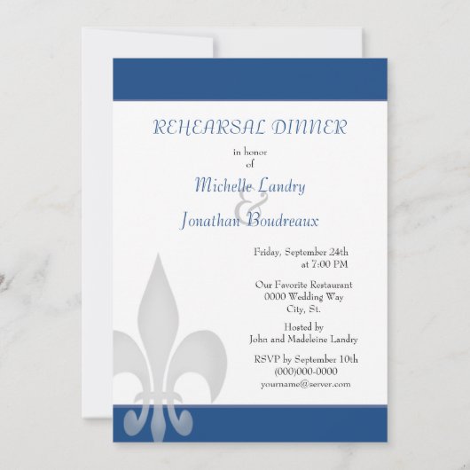 Deep Blue Large Fleur de Lis Rehearsal Dinner Kaart (Achterkant)