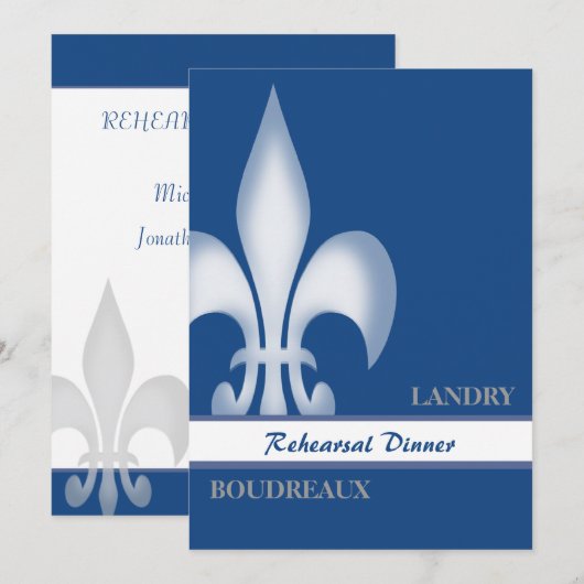 Deep Blue Large Fleur de Lis Rehearsal Dinner Kaart (Voorkant / Achterkant)