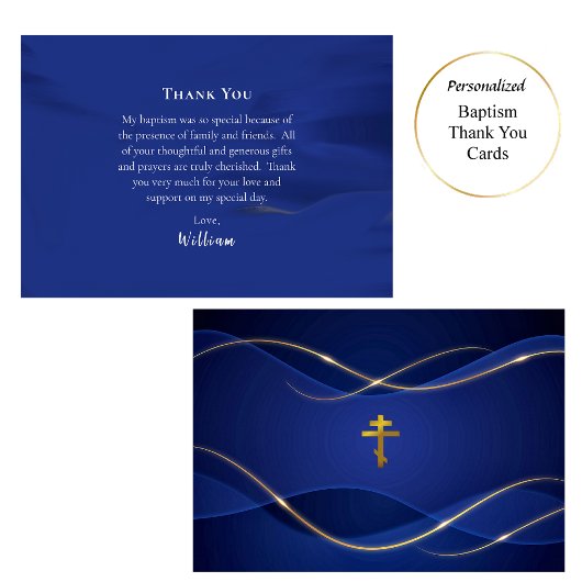 Deep Blue Metallic Gold Orthodox Christian Baptism Bedankkaart