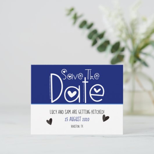 Deep Blue Moderne Typografie Save The Date Wedding Aankondigingskaart (Staand voorkant)