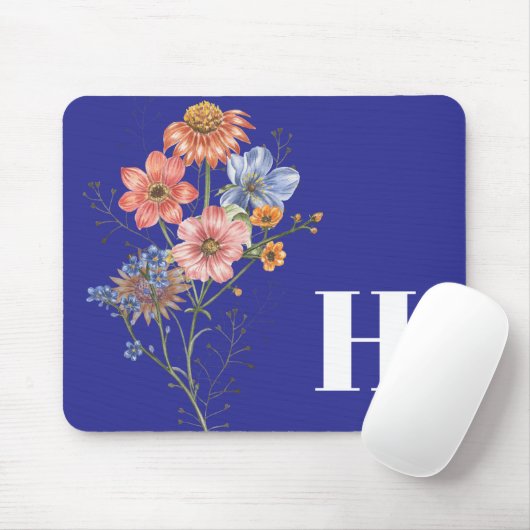 Deep Blue Monogram Eenvoudige Bloem Muismat (Met muis)
