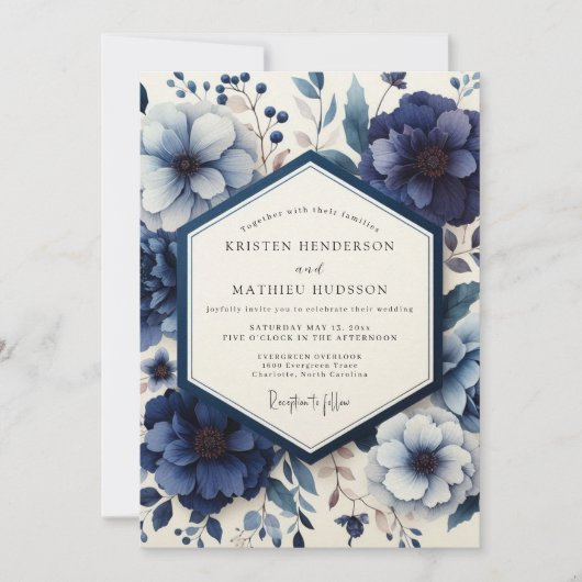 Deep Blue Moody Bloom Bruiloft Kaart (Voorkant)