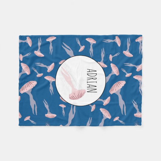 Deep Blue Ocean Jellyfish Patroon Aangepaste naam Fleece Deken (Voorkant (Horizontaal))