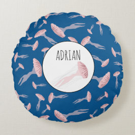 Deep Blue Ocean Jellyfish Patroon Aangepaste naam Rond Kussen