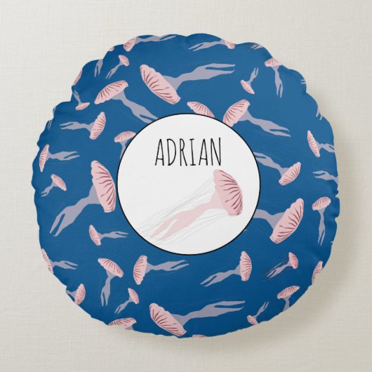 Deep Blue Ocean Jellyfish Patroon Aangepaste naam Rond Kussen (Voorkant)