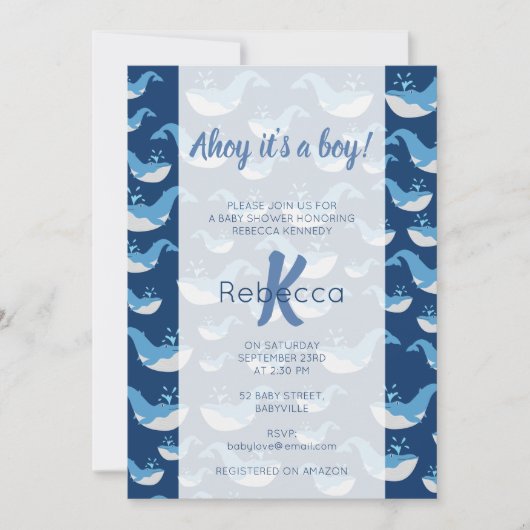 Deep Blue Ocean Whale Pattern Ahoy Boy Baby shower Kaart (Voorkant)