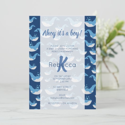 Deep Blue Ocean Whale Pattern Ahoy Boy Baby shower Kaart (Staand voorkant)