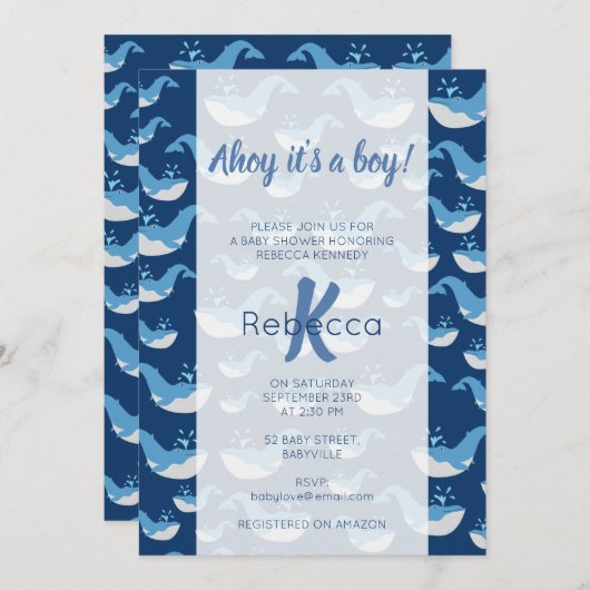 Deep Blue Ocean Whale Pattern Ahoy Boy Baby shower Kaart (Voorkant / Achterkant)