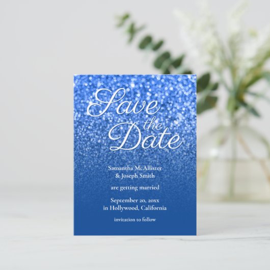Deep Blue Ombre Bokeh Glitter Save the Date Briefkaart (Staand voorkant)