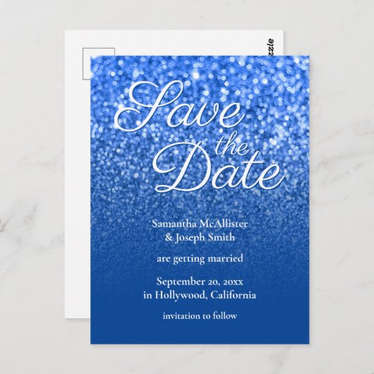 Deep Blue Ombre Bokeh Glitter Save the Date Briefkaart (Voorkant / Achterkant)
