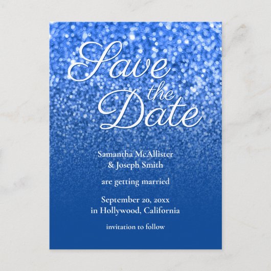 Deep Blue Ombre Bokeh Glitter Save the Date Briefkaart (Voorkant)
