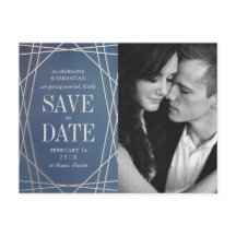 Deep Blue Opaline Wedding Photo Save the Date Gold