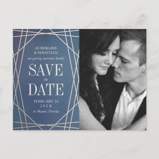 Deep Blue Opaline Wedding Photo Save the Date Gold Aankondigingskaart (Voorkant)