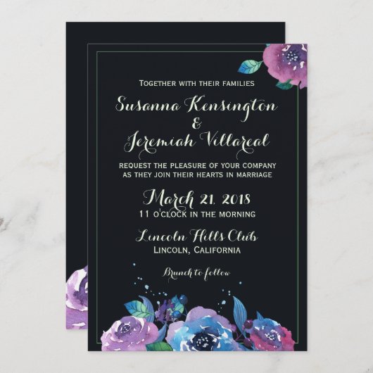 Deep Blue Paars Moody Floral Wedding Kaart (Voorkant / Achterkant)