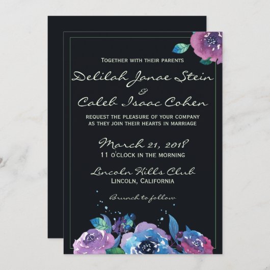 Deep Blue Paars Moody Twilight Floral Wedding Kaart (Voorkant / Achterkant)