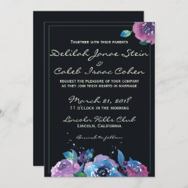 Deep Blue Paars Moody Twilight Floral Wedding Kaart