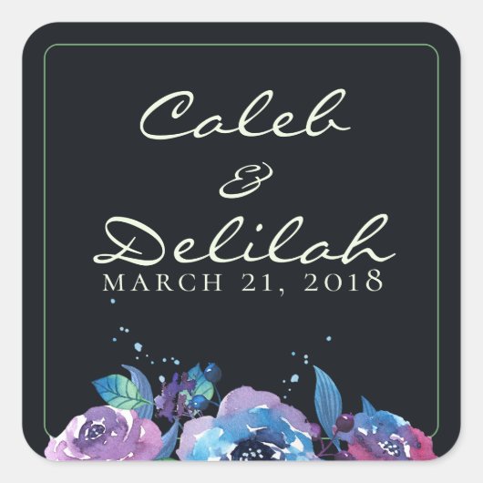 Deep Blue Paars Moody Twilight Floral Wedding Vierkante Sticker (Voorkant)