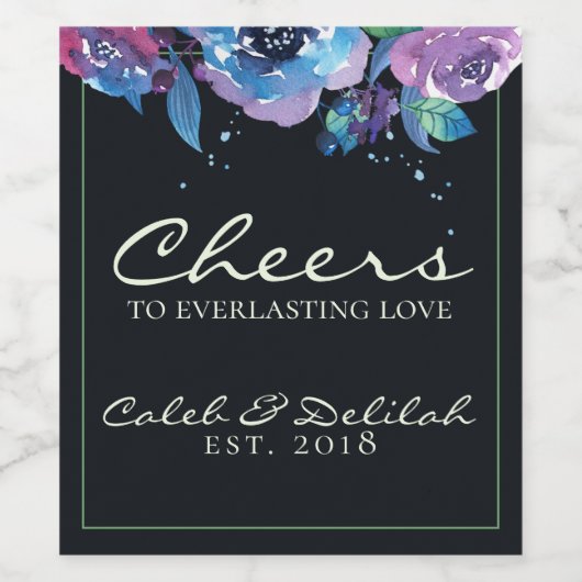 Deep Blue Paars Moody Twilight Floral Wedding Wijn Etiket (Enkel label)