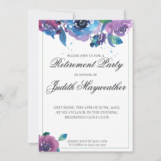 Deep Blue Paars Twilight Floral Retirement Kaart (Voorkant)