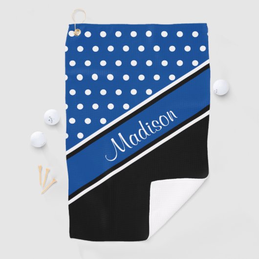 Deep Blue Polka Dot Black Diagonal Script Name Golfhanddoek (Insitu)