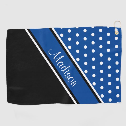Deep Blue Polka Dot Black Diagonal Script Name Golfhanddoek (Horizontaal)