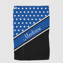 Deep Blue Polka Dot Black Diagonal Script Name Golfhanddoek