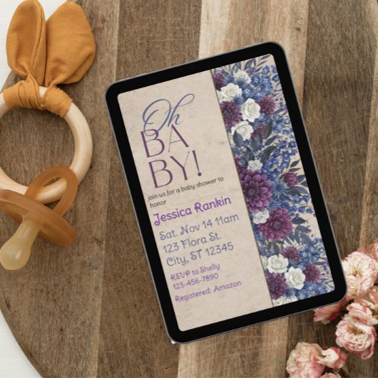 Deep Blue & Purple Floral Baby Shower Kaart