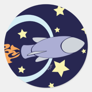 Deep Blue Rocket Kinder Retro Space Ronde Sticker