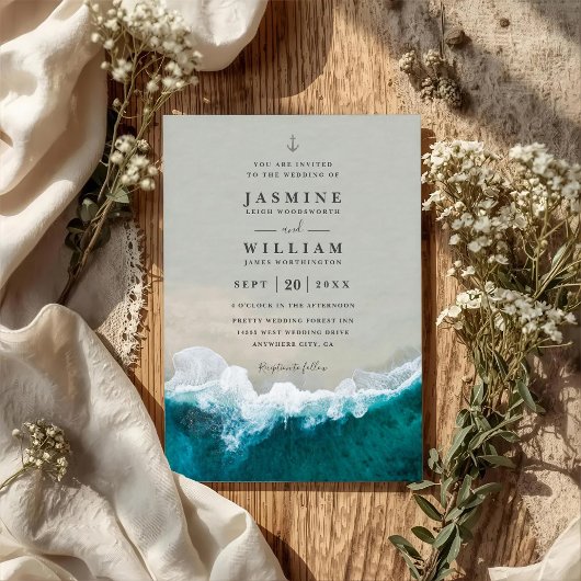 Deep Blue Sea Destination Elegant QR Code Wedding Kaart