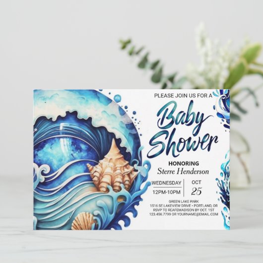 Deep Blue Seashells Kustkust Baby shower Kaart (Staand voorkant)