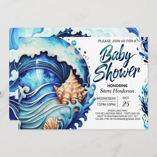 Deep Blue Seashells Kustkust Baby shower Kaart (Voorkant / Achterkant)