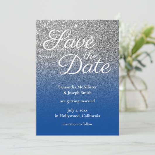 Deep Blue Silver Ombre Glitter Save the Date Kaart (Staand voorkant)
