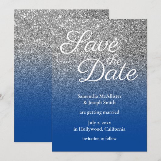 Deep Blue Silver Ombre Glitter Save the Date Kaart (Voorkant / Achterkant)