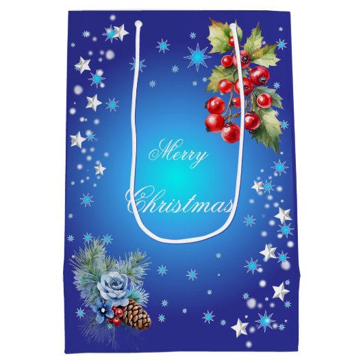 Deep Blue Stars en rode bessen Vrolijk kerstfeest Medium Cadeauzakje (Achterkant)