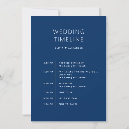 Deep Blue Timeline. Nautical Navy Wedding Schedule Kaart (Achterkant)