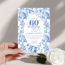 Deep Blue Toile Roses 60th Birthday Invitation Kaart